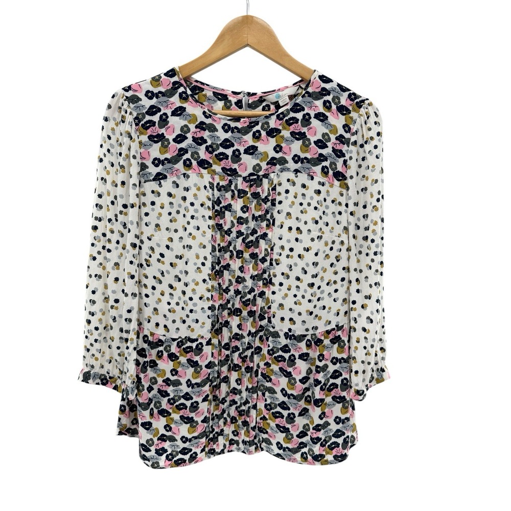 Boden Women's 8 Hopscotch Poppy Floral Pintuck Blouse 3/4 Sleeve Top Boho Chic